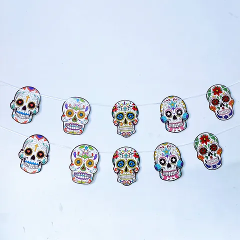Bannière Décorative Jour Des Morts Mexicain Guirlande Crânes De Sucre Colorée Fournitures Fête Halloween Vintage Ornement Suspendu