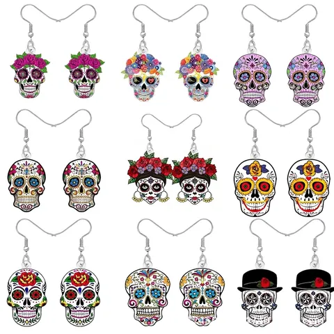 Style Mexicain Du Jour Des Morts Boucles D'Oreilles Pendantes Crâne En Sucre Acrylique Motif Floral Rose Multicolore Gothique Halloween Bijoux Femme