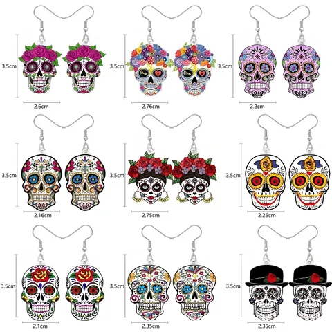 Style Mexicain Du Jour Des Morts Boucles D'Oreilles Pendantes Crâne En Sucre Acrylique Motif Floral Rose Multicolore Gothique Halloween Bijoux Femme