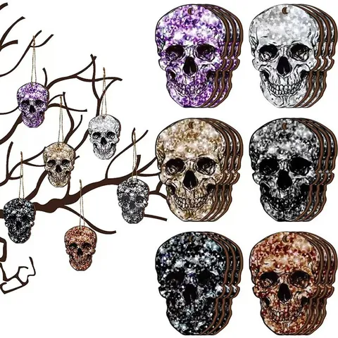 Décorations Suspendues en Bois de Crâne d'Halloween Paillettes Calavera Pendentif en Bois pour Ambiance de Fête Effrayante Maison Bureau Décoration Festive