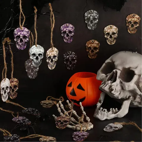 Décorations Suspendues en Bois de Crâne d'Halloween Paillettes Calavera Pendentif en Bois pour Ambiance de Fête Effrayante Maison Bureau Décoration Festive