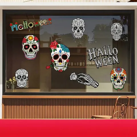 Halloween Schedel Statische Raamsticker Kleurrijk Skelet Griezelig Feest Decor Dubbelzijdig UV Bedrukt PVC Sticker Voor Winkel Thuis