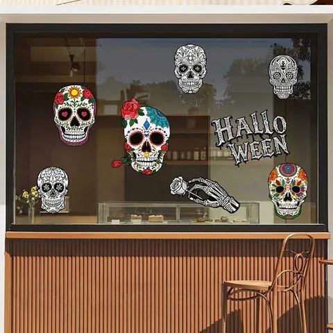 Adesivo Statico per Finestra con Teschio di Halloween Scheletro Colorato Decorazione per Feste Spaventose Decalcomania in PVC Stampata UV su Entrambi i Lati