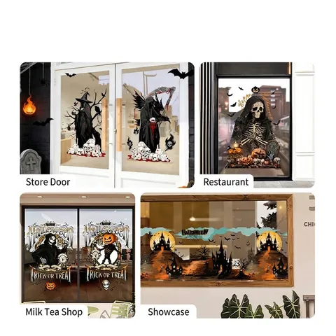 Halloween Schedel Statische Raamsticker Kleurrijk Skelet Griezelig Feest Decor Dubbelzijdig UV Bedrukt PVC Sticker Voor Winkel Thuis