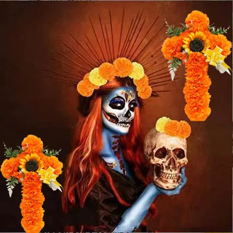 Cruz de Cempasúchil Artificial Decoración Día De Los Muertos Halloween Para Tumba Flores de Seda Cruz de Girasol Decoración Conmemorativa