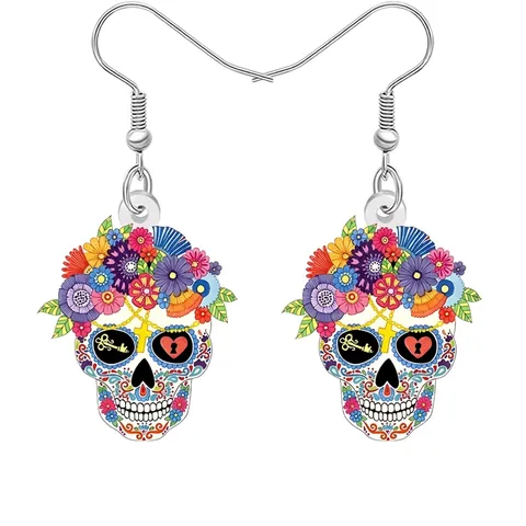 Halloween Sugar Skull Acrylic Earrings Colorful Day Of The Dead Floral Skull Drop Earrings For Women Girls Gift Jewelry
