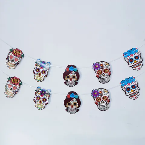 Bannière Décorative Jour Des Morts Mexicain Guirlande Crânes De Sucre Colorée Fournitures Fête Halloween Vintage Ornement Suspendu