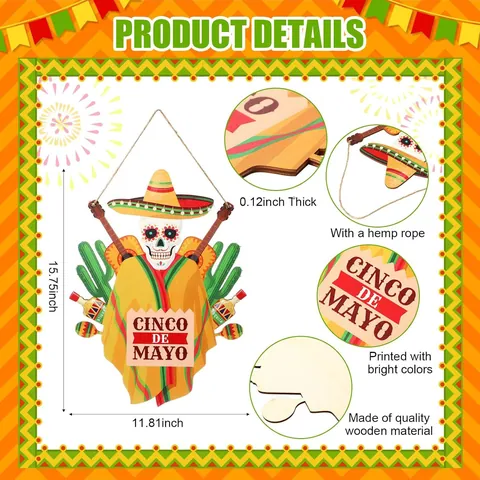 Cartel de Madera Día de los Muertos Decoración Fiesta Mexicana Cinco de Mayo Calavera Decoración Colgante de Pared Artesanía de Madera