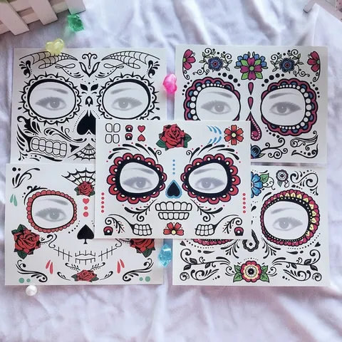 Adesivi per Tatuaggi sul Viso Sugar Skull Giorno dei Morti Halloween Temporanei Impermeabili Decorazione Viso per Festa