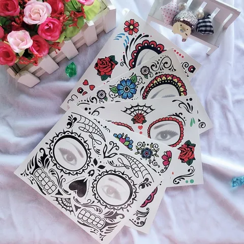 Adesivi per Tatuaggi sul Viso Sugar Skull Giorno dei Morti Halloween Temporanei Impermeabili Decorazione Viso per Festa