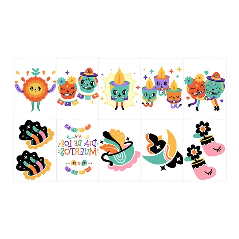 Autocollants de Tatouage Temporaire Dessin Animé Crâne Mexicain Jour Des Morts Souci Bougie Imperméable Décoration Fête Halloween