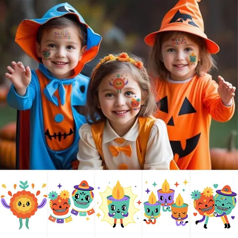 Autocollants de Tatouage Temporaire Dessin Animé Crâne Mexicain Jour Des Morts Souci Bougie Imperméable Décoration Fête Halloween