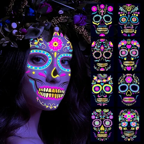 Halloween Dag van de Doden Gezicht Tattoos Fluorescerend Neon Suikerschedel Tijdelijke Stickers Goudfolie Make-up Feest Accessoire
