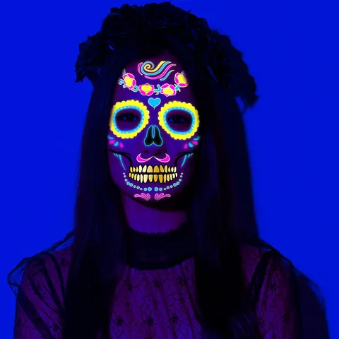 Halloween Dag van de Doden Gezicht Tattoos Fluorescerend Neon Suikerschedel Tijdelijke Stickers Goudfolie Make-up Feest Accessoire