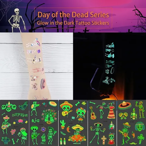 Mexicaanse Dag van de Doden Lichtgevende Tijdelijke Tatoeagesticker Waterdicht Schedel Gitaar Lichtgevende Sticker Voor Festival Feest Lichaamskunst