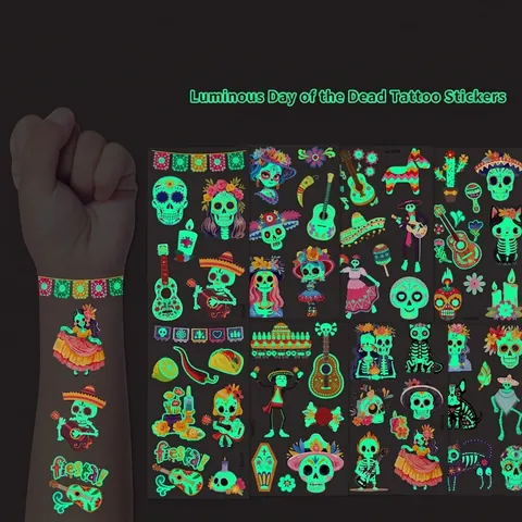 Luminous Day of the Dead Temporary Tattoo Stickers Glow in the Dark Sugar Skull Skeleton Animals Kids Party Tattoos Decor