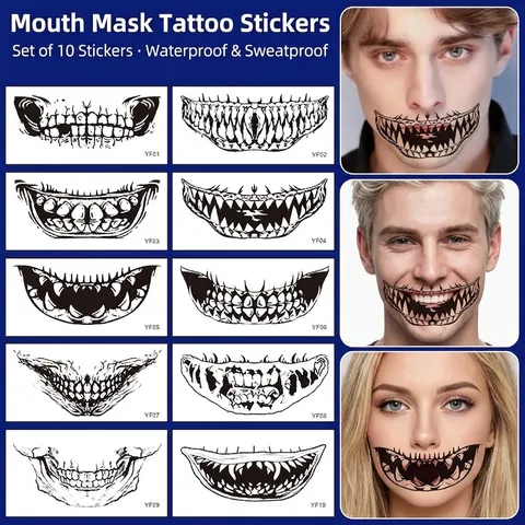 Autocollants de Tatouage de Visage de Bouche Effrayante d'Halloween Imperméable Jour Des Morts Dents de Crâne Cicatrices Cousues Maquillage