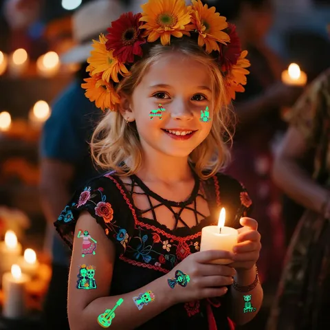 Tatouages Temporaires Jour des Morts Lumineux Brille dans le Noir Crâne de Sucre Animaux Squelette Fête Enfants