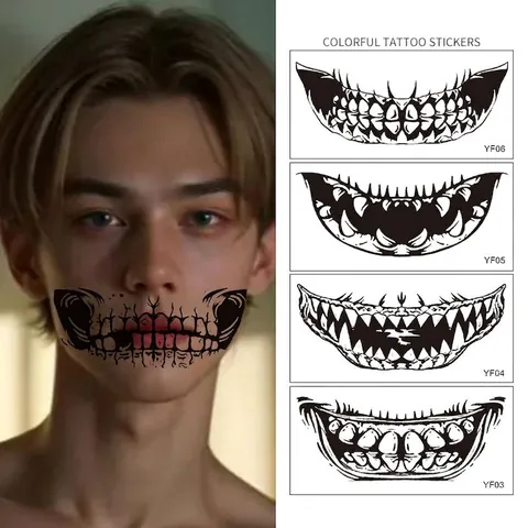 Autocollants de Tatouage de Visage de Bouche Effrayante d'Halloween Imperméable Jour Des Morts Dents de Crâne Cicatrices Cousues Maquillage