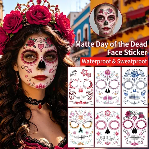 Matte Dag Van De Doden Gezicht Tatoeage Stickers Mexicaanse Suikerschedel Bloemen Waterdicht Tijdelijke Make-Up Halloween
