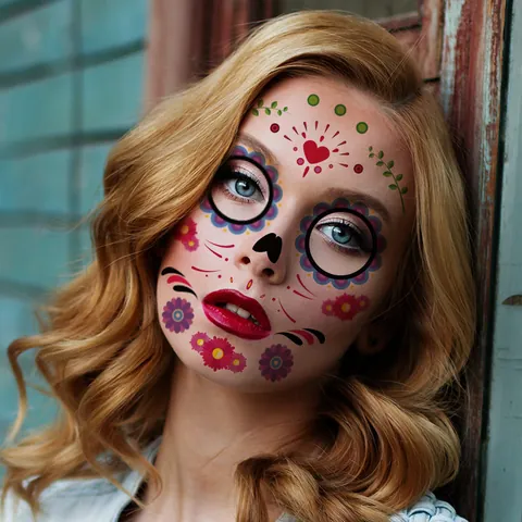 Autocollants de Tatouage de Visage Halloween Jour des Morts Imperméable Crâne de Sucre Floral Tatouage Temporaire Maquillage de Mascarade