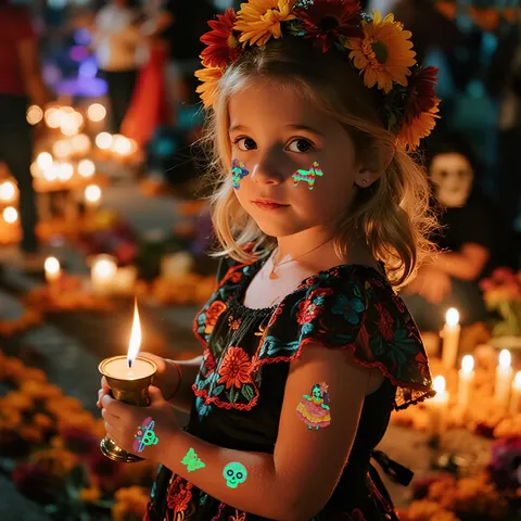 Tatouages Temporaires Jour des Morts Lumineux Brille dans le Noir Crâne de Sucre Animaux Squelette Fête Enfants