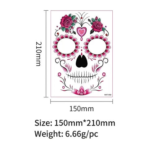 Tatouage Visage Halloween Jour des Morts Mat Autocollant de Tatouage Temporaire Crâne de Sucre Motif Floral pour Maquillage de Fête Cosplay