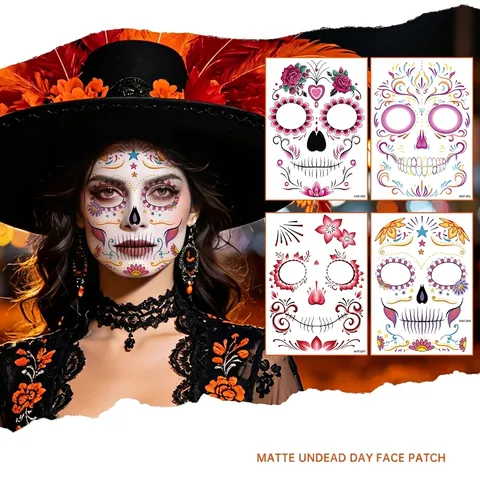 Tatouage Visage Halloween Jour des Morts Mat Autocollant de Tatouage Temporaire Crâne de Sucre Motif Floral pour Maquillage de Fête Cosplay