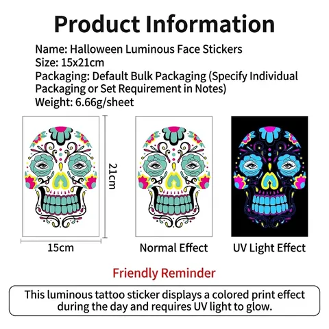 Tatouages de Visage Temporaires Fluorescents d'Halloween Jour des Morts Autocollants de Visage Jetables Imperméables de Crâne pour Maquillage de Fête