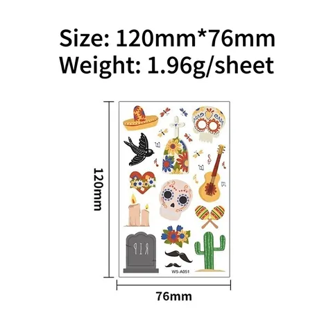 Tatouages Temporaires Mexicains Jour des Morts Halloween pour Enfants Squelette Guitare Cactus Stickers Papier Transfert