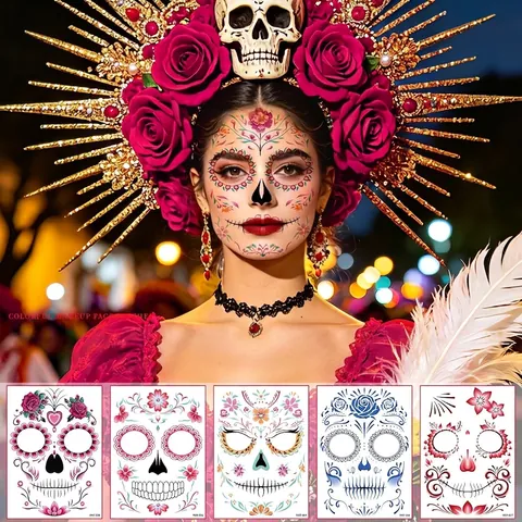 Matte Dag Van De Doden Gezicht Tatoeage Sticker Halloween Suikerschedel Roos Patroon Waterdicht Cosplay Feest Make-Up