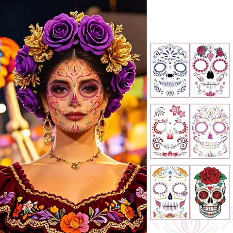 Matte Dag Van De Doden Gezicht Tatoeage Sticker Halloween Suikerschedel Roos Patroon Waterdicht Cosplay Feest Make-Up