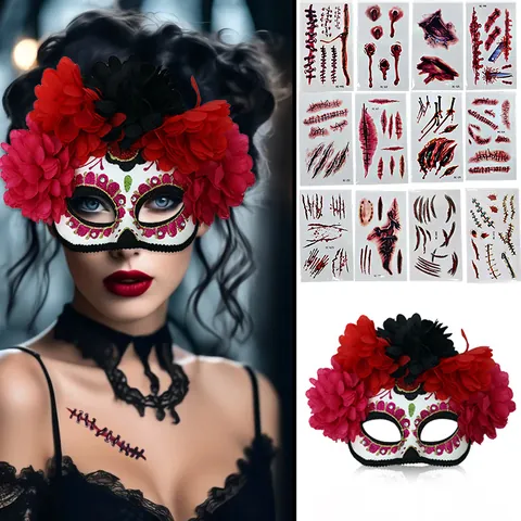 Jour Des Morts Masque Demi-Visage Peint Avec Fleurs Blessures d'Horreur Tatouages Temporaires Ensemble Pour Halloween Mascarade Fête Costume