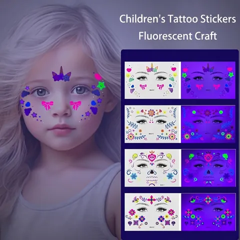 Jour Des Morts Enfants Tatouages Temporaires Fluorescents Visage Dessin Animé Licorne Crâne Motif Fête Décoration Autocollants