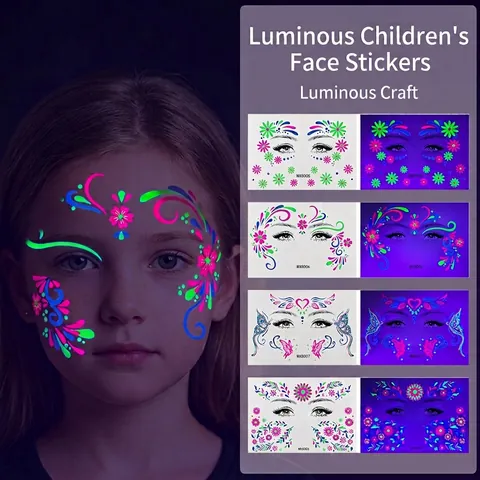 Jour Des Morts Enfants Tatouages Temporaires Fluorescents Visage Dessin Animé Licorne Crâne Motif Fête Décoration Autocollants