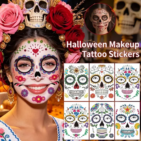 Halloween Tag Der Toten Gesicht Tattoo Aufkleber Wasserdicht Zuckerschädel Temporäre Make-Up Aufkleber Für Party Maskerade