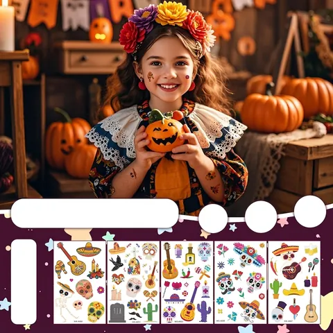 Tatouages Temporaires Mexicains Jour des Morts Halloween pour Enfants Squelette Guitare Cactus Stickers Papier Transfert