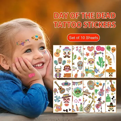 Mexikanischer Tag Der Toten Temporäre Tattoos Für Kinder Halloween Party Gesicht Aufkleber Bunte Totenkopf Gitarre Kaktus Cartoon Sticker