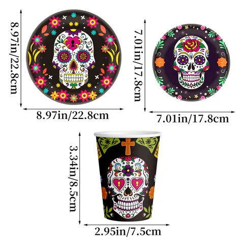 Day Of The Dead Halloween Party Tableware Set Skull Floral Pattern Disposable Paper Plates Cups Black Plastic Cutlery Party Decoration