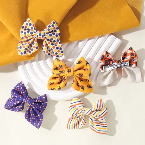 Halloween Day of the Dead Kids Bow Hair Clip Pumpkin Ghost Skull Pattern Fabric Alligator Clip Party Hair Accessories