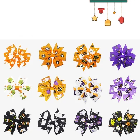 Barrettes Nœud Papillon en Ruban Gros-Grain Halloween pour Enfants Animaux Orange Violet Noir Citrouille Fantôme Coiffe Vacances
