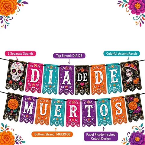 Mexicain Jour Des Morts Bannière Guirlande Papel Picado Dia De Muertos Décoration De Fête Papier Crâne Sucre Fleur Bannière Pour Festival