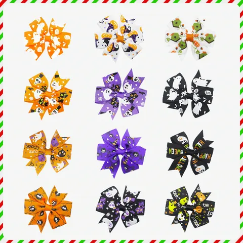 Barrettes Nœud Papillon en Ruban Gros-Grain Halloween pour Enfants Animaux Orange Violet Noir Citrouille Fantôme Coiffe Vacances