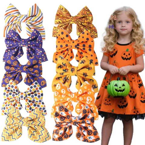 Pince À Cheveux Nœud Halloween Jour Des Morts Pour Enfants En Tissu Fait Main Imprimé Citrouille Fantôme Accessoire Cheveux Fête