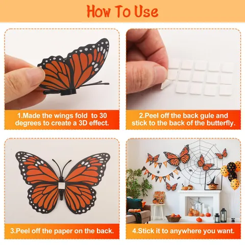 Stickers Muraux Papillon Monarque 3D Orange Papillon De Simulation DIY Décorations D Halloween Jour Des Morts Imperméable PVC Papillon Pour Jardin