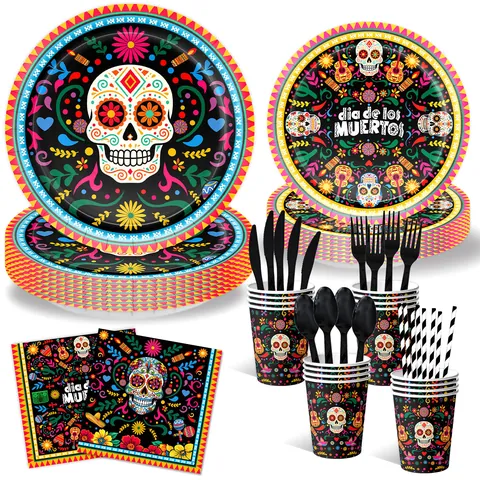 Mexikanisches Tag Der Toten Party Geschirr Set Zuckerschädel Bedruckte Pappteller Servietten Becher Tischdecke Wimpelkette Für Dia De Los Muertos Dekoration