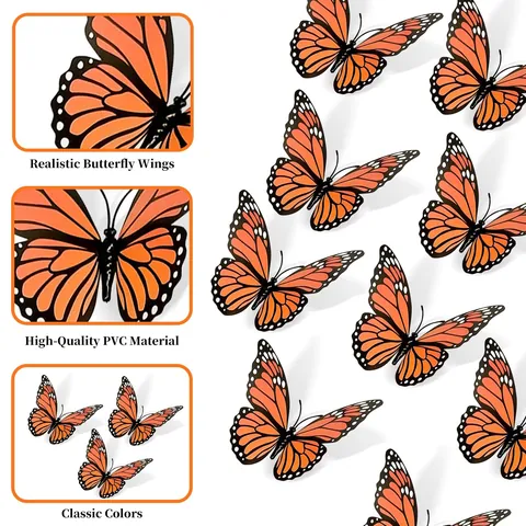Décoration Papillon Monarque 3D Réaliste Orange PVC Papillon Artificiel Pour Halloween Jour Des Morts Maison Murale