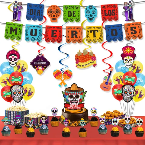 Kit De Décoration De Fête Thème Jour Des Morts Mexicain Bannière Squelette Ballon En Latex Cake Topper Accessoires Photo Pour Célébration De Dia De Los Muertos