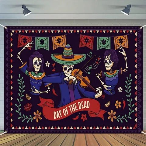 Mexikanisches Tag der Toten Banner Dia De Muertos Hintergrund Polyester Totenkopf Muster Party Deko Festival Zubehör