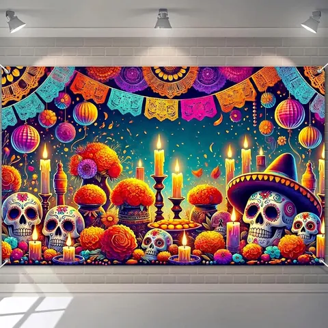 Mexicaanse Dag Van De Doden Achtergrond Halloween Suikerschedel Altaar Fotografie Achtergrond Feestelijke Vinyl Partij Decoratie Banner